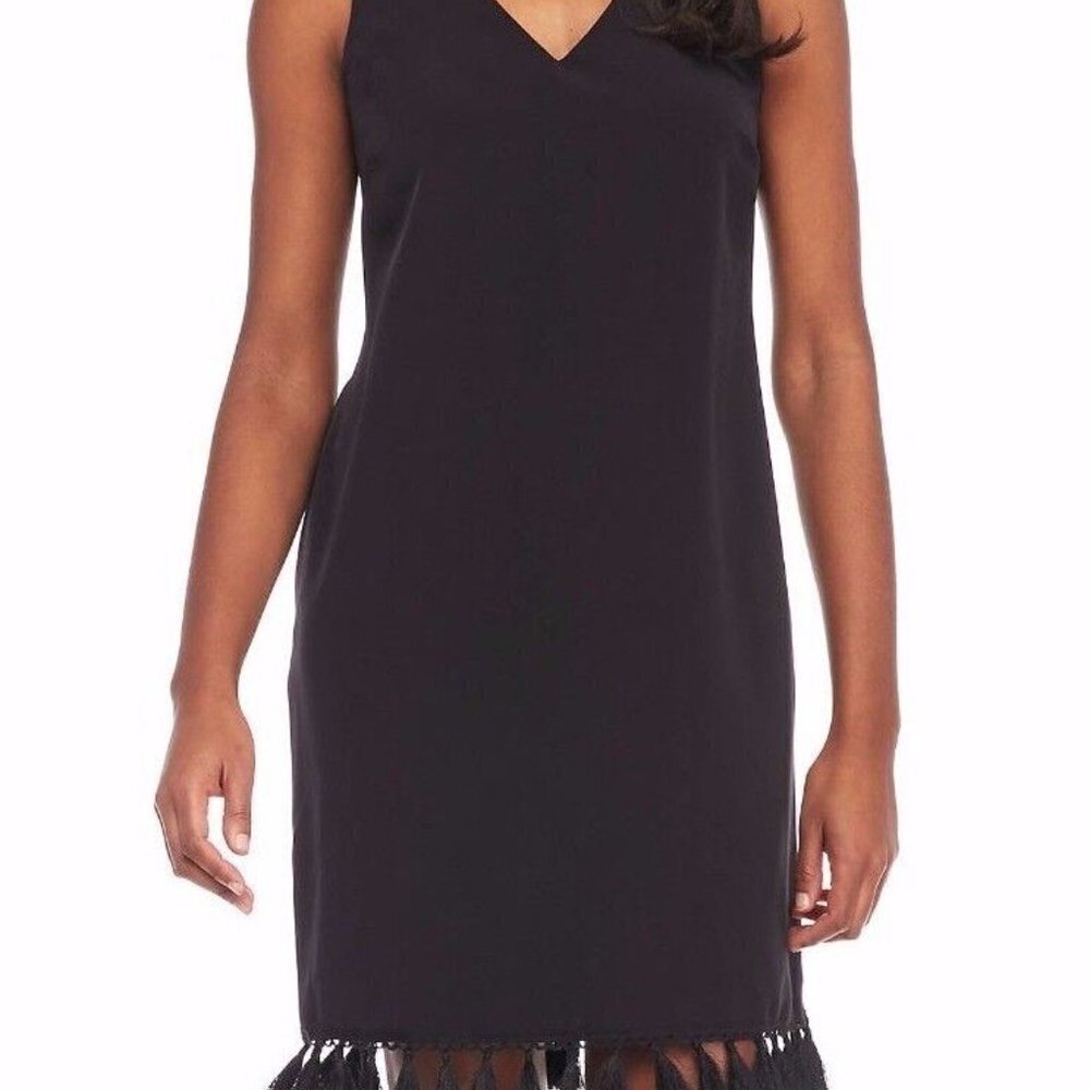 AGB Black Tassel‎ Hem V-Neck Shift Dress - Size 6